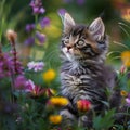 Adorable kitten in a stunning flower field, AI-generated. Royalty Free Stock Photo