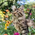 Adorable kitten in a stunning flower field, AI-generated. Royalty Free Stock Photo