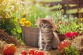 Adorable kitten wearing straw hat sits beside blooming flowerbeds and fresh tomatoes, AI-generated. Royalty Free Stock Photo