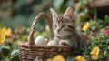 Adorable kitten with white baby rabbit in the spring garden