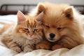 Adorable kittens and playful puppies napping on a comfortable bright living room couch