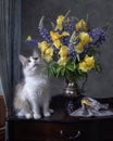 Adorable kitty and bouquet of flowers Royalty Free Stock Photo