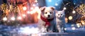 adorable Kitty Cat And Puppy dog on snowy Christmas City evening street festive winter holiday Royalty Free Stock Photo