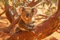 Adorable Koala Clinging to a Tree Branch in its Natural Australian Habitat Bathed in Warm Sunlight Royalty Free Stock Photo
