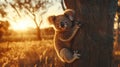 Adorable koala clinging to a tree trunk at sunset Royalty Free Stock Photo