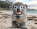 Adorable Baby Koala on Sandy Beach with Ocean Background Royalty Free Stock Photo