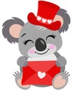 Adorable koala with red hat holding a valentine letter envelope