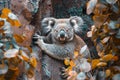 Adorable Koala Resting on a Tree Branch Amidst Vibrant Orange Leaves, Captured in Natural Habitat