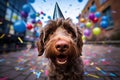 Adorable labradoodle dog in party hat celebrating at a lively birthday party with falling confetti