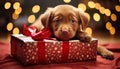 adorable labrador puppy in festive gift box with holiday background copy space for text