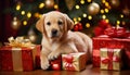 adorable labrador puppy in festive gift box with holiday background copy space for text placement
