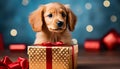 Adorable labrador puppy sitting in gift box with holiday backdrop, perfect for festive celebrations