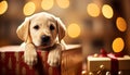 Adorable labrador puppy surrounded by festive holiday backdrop, perfect for text placement