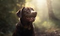 Adorable Labrador Retriever in the forest on a sunny day. Dog with a smile, very happy face close up