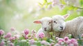 Adorable lamb displaying affection by nuzzling its mother in a serene and lush green meadow
