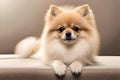 Adorable lap dog, Pomeranian, captured indoors in a charming portrait. Generative AI