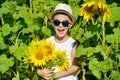 Adorable laughing blond boy in sun glasses and hat with sunflower on field outdoors Royalty Free Stock Photo