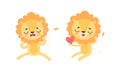 Adorable Lion Character Activities Set, Cute African Animal Crying and Holding Red Heart Cartoon Vector Illustration Royalty Free Stock Photo