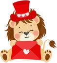 Adorable lion with red hat holding a valentine letter envelope