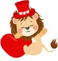 Adorable lion with red heart