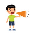 Adorable little asian boy shouting in megaphone flat vector illustration. Royalty Free Stock Photo