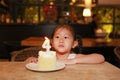 Adorable little Asian child girl with happy birthday cake 4 years old Royalty Free Stock Photo