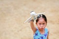 Adorable little Asian child girl playing with a toy airplane in the garden Royalty Free Stock Photo