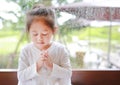 Adorable little Asian girl praying at glass windows on the raining day. Spirituality and religion Royalty Free Stock Photo