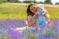 Adorable little baby boy in a blue jumpsuit Royalty Free Stock Photo