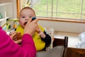 Adorable little baby boy in feeding chair being spoon fed by his mother Royalty Free Stock Photo