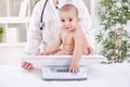 Adorable little baby child with pediatrician, weight measuring Royalty Free Stock Photo