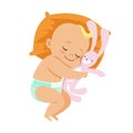 Adorable little baby in a diaper sleeping and hugging his soft toy hare, colorful cartoon character vector Illustration