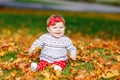 Adorable little baby girl in autumn park on sunny warm october day with oak and maple leaf. Fall foliage. Family outdoor Royalty Free Stock Photo