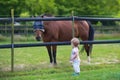 Adorable little baby girl with horse on farm in summ