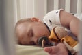 Adorable little baby with pacifier and toy sleeping in crib, closeup Royalty Free Stock Photo