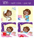 Adorable little black girl and her good night routine - showering, tooth brushing, reading bedtime story, sleeping Royalty Free Stock Photo