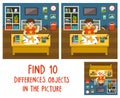 Adorable little Boy drawing the picture in living room. Find 10 differences objects in the picture.
