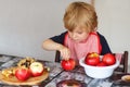 Adorable little boy helping and baking apple pie in home's kitchen Royalty Free Stock Photo