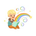 Adorable little boy reading magic book with fairy tales. Cartoon baby character. Children s imagination, rainbow and Royalty Free Stock Photo