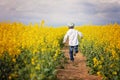 Adorable little boy, running in yellow oilseed field