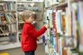 Adorable little boy, sitting in library, reading book and choosing what to lend, kid in book store Royalty Free Stock Photo