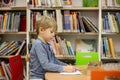 Adorable little boy, sitting in library, reading book and choosing what to lend, kid in book store Royalty Free Stock Photo