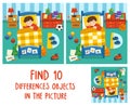 Adorable little Boy sleeping in the bed, good night and sweet dreams. Find 10 differences objects in the picture.