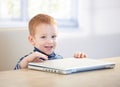 Adorable little boy smiling with laptop Royalty Free Stock Photo