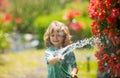 Adorable little boy is watering the plant outside the house, concept of plant growing learning activity for kid and Royalty Free Stock Photo