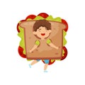 Adorable little boy wearing sandwich costume. Cute laughing kid. Fast food, tasty snack. Flat vector design