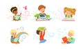 Adorable Little Boys and Girls Reading Fairy Tale Books Collection Vector Illustration Royalty Free Stock Photo