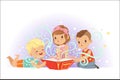 Adorable little boys and girls sitting and reading fairy tales set. Kids fabulous imagination vector illustrations