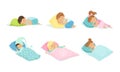 Adorable Little Boys and Girls Sleeping Sweetly on Soft Pillows and Under Warm Blankets Vector Set