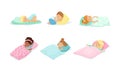 Adorable Little Boys and Girls Sleeping Sweetly on Soft Pillows and Under Warm Blankets Vector Set